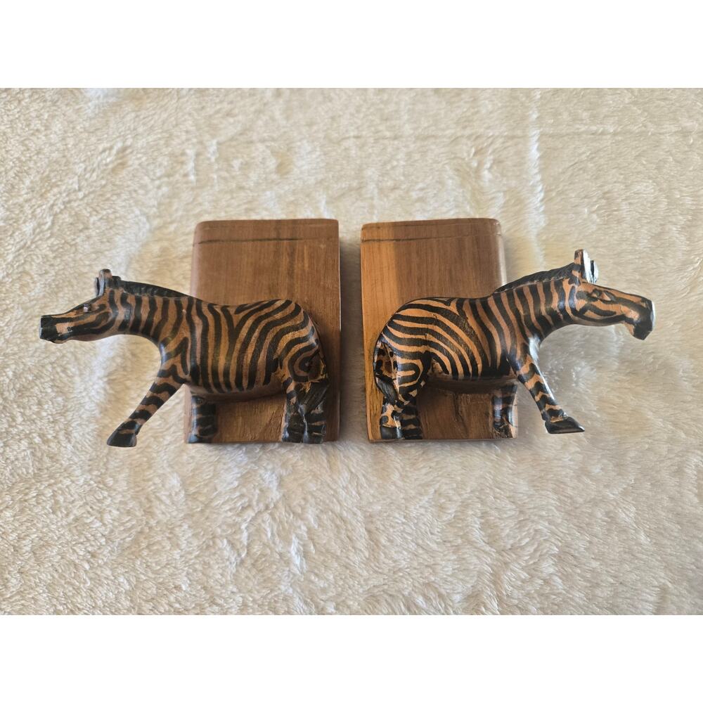 Hand Carved Set Wooden Zebra Bookends